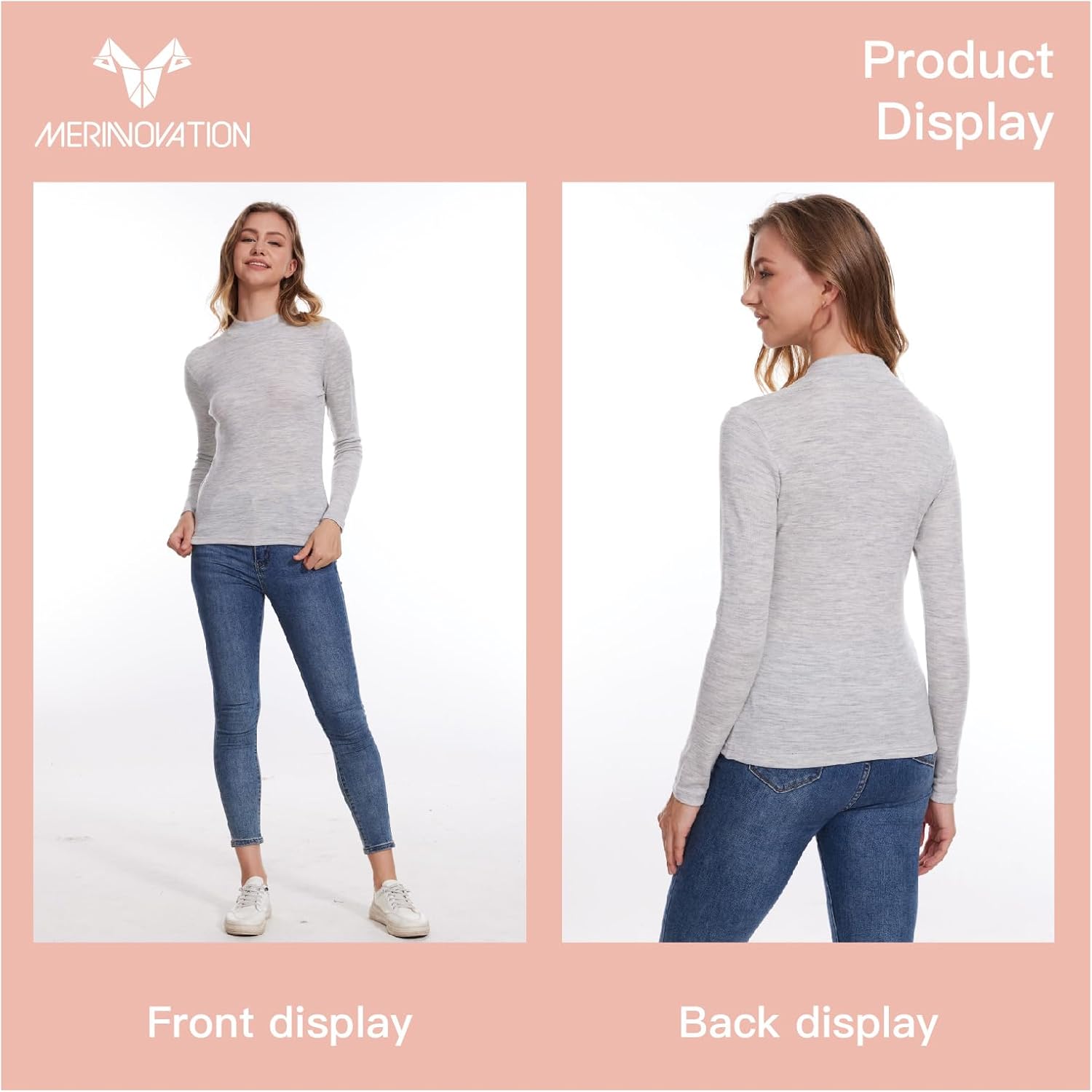 MERINNOVATION Merino Wool Base Layer Women - Size L 100% Merino Wool Shirts for Women Long Sleeve Top Turtle Neck Shirt