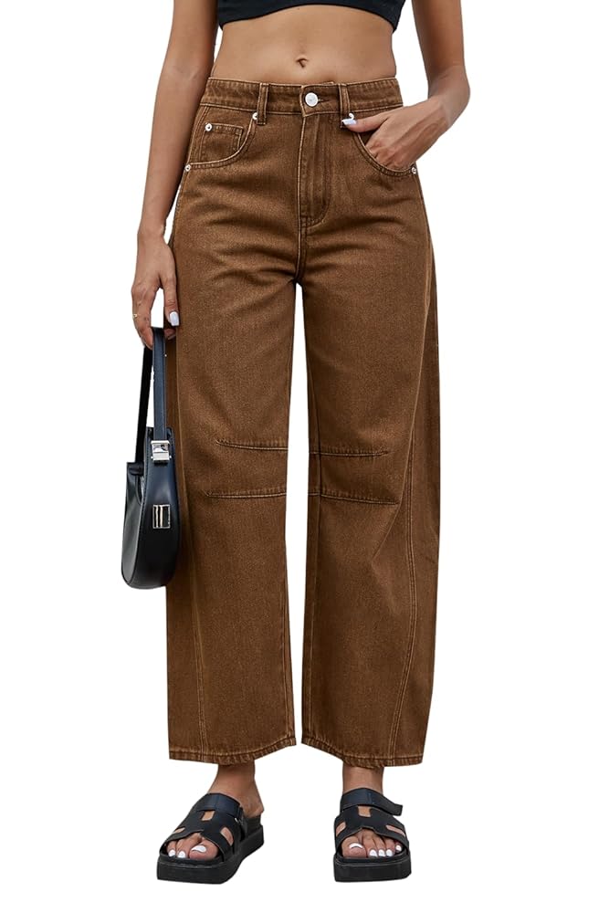GREAIDEA Mid Rise Barrel Jeans for Women Wide Leg Mid Waist