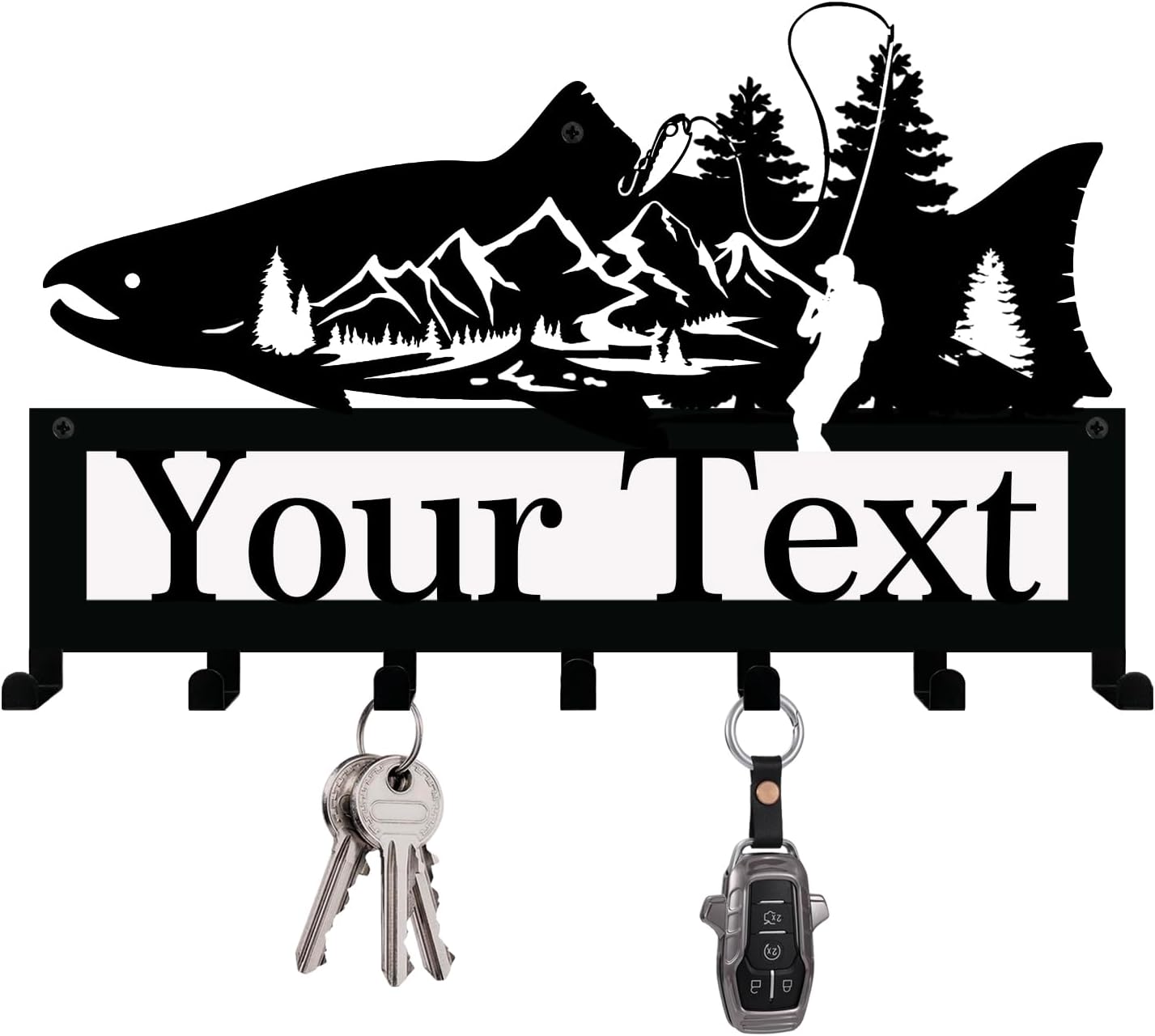 NIWAHO Salmon Fish Key Holder with Personalized Name - Custom Metal Wall Mounted Hook Rack for Entryway, Kitchen, Rustic Cabin Decor