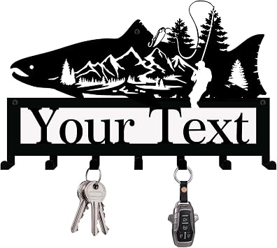 NIWAHO Salmon Fish Key Holder with Personalized Name - Custom Metal Wall Mounted Hook Rack for Entryway, Kitchen, Rustic Cabin Decor