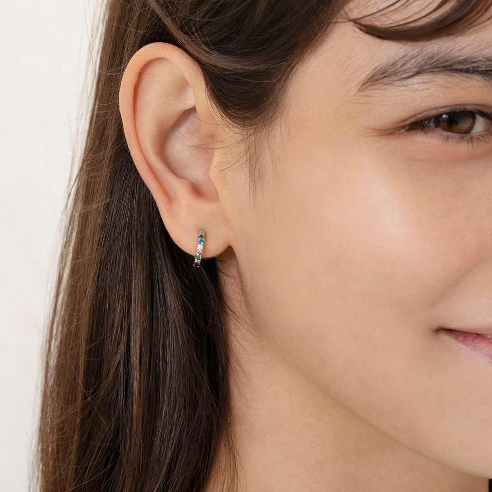 925 Sterling Silver Tiny Multicolor Cubic Zirconia Rainbow Hoop Earrings For Little Girls - Beautiful & Small Rainbow Colored Hoop Earrings For Young Girls - Stunning Jewelry Birthday Gifts For Girls