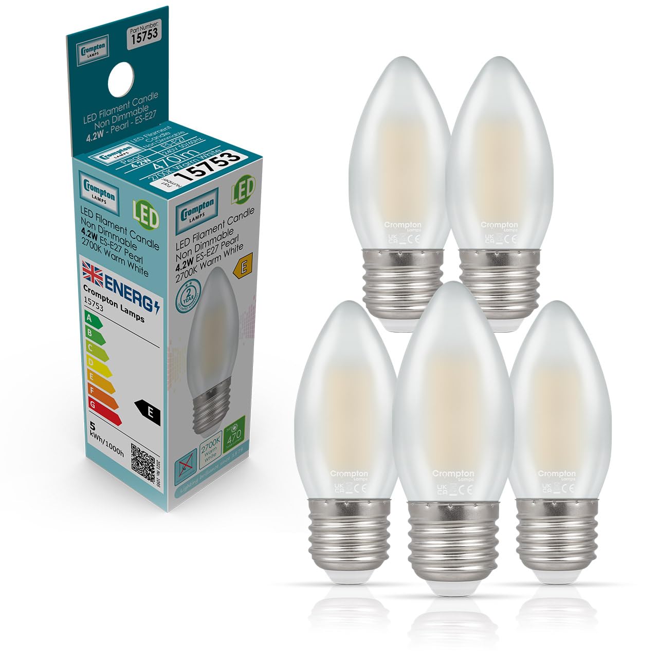 Crompton Lamps Filament Candle LED Light Bulb ES-E27 | 4.2W = 40W Equivalent | Warm White 2700K | Energy Efficient | Edison Screw Lightbulb | Long Life 15000-Hrs | Pearl Glass | 5-Pack