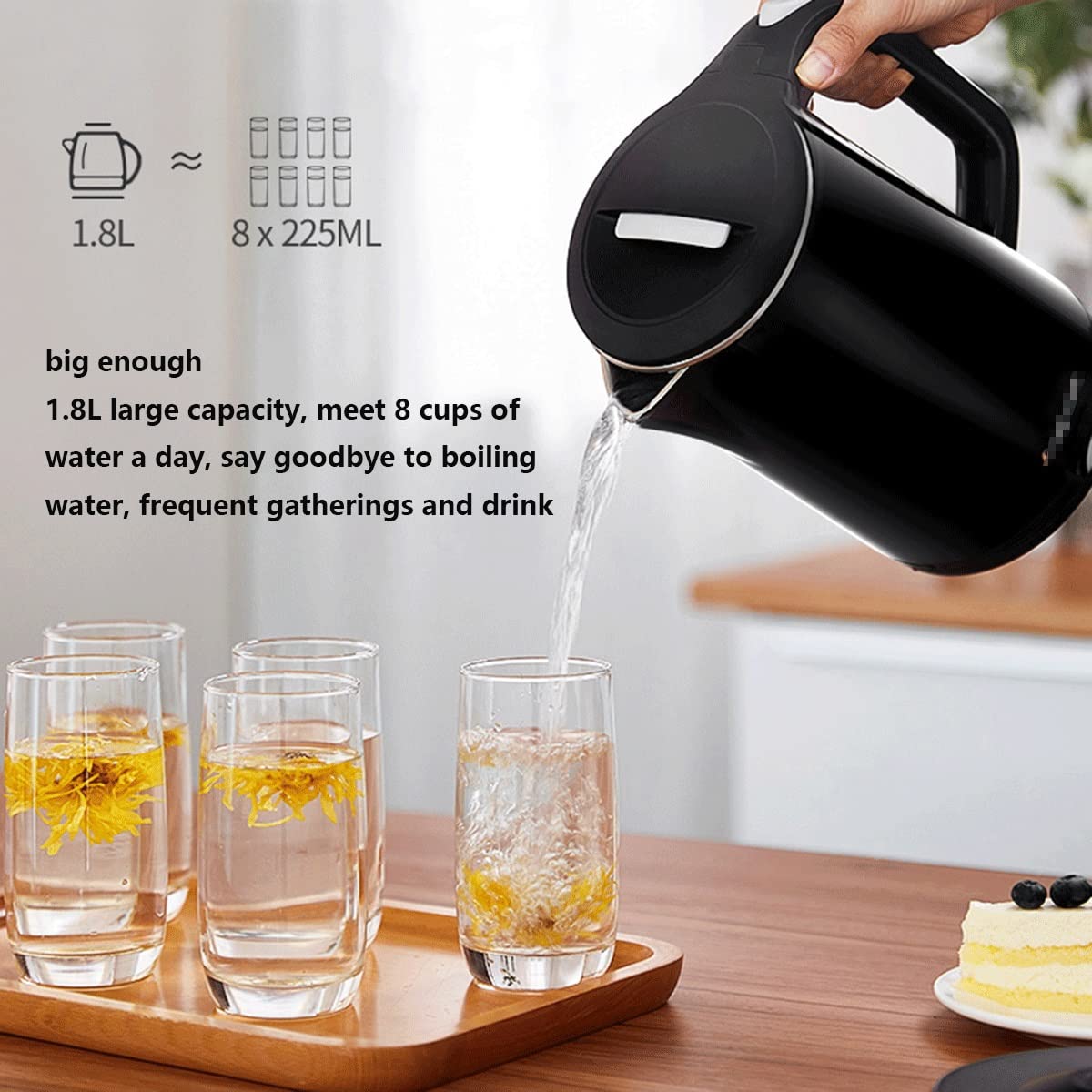 Bollitore Elettrico Senza Fili 1,8 L – Acciaio Inox, 1500W, Base Girevole 360°, Spegnimento Automatico, Nero
