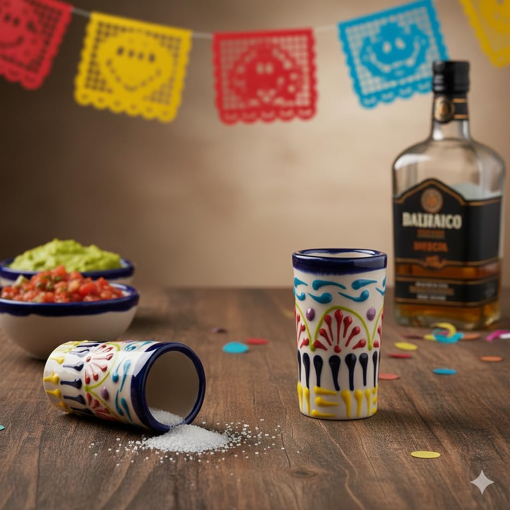 Talavera Shot Glasses Set of 4 Authentic Mexican Tequila Shot Glasses - Hand-painted - 2 Oz (Colors Lace)