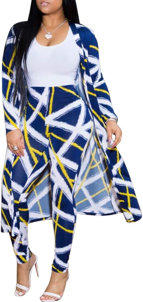 Womens Fashion Printed Long Cardigans 2 Piece Outfits,Long Sleeve Coat and Trousers Set