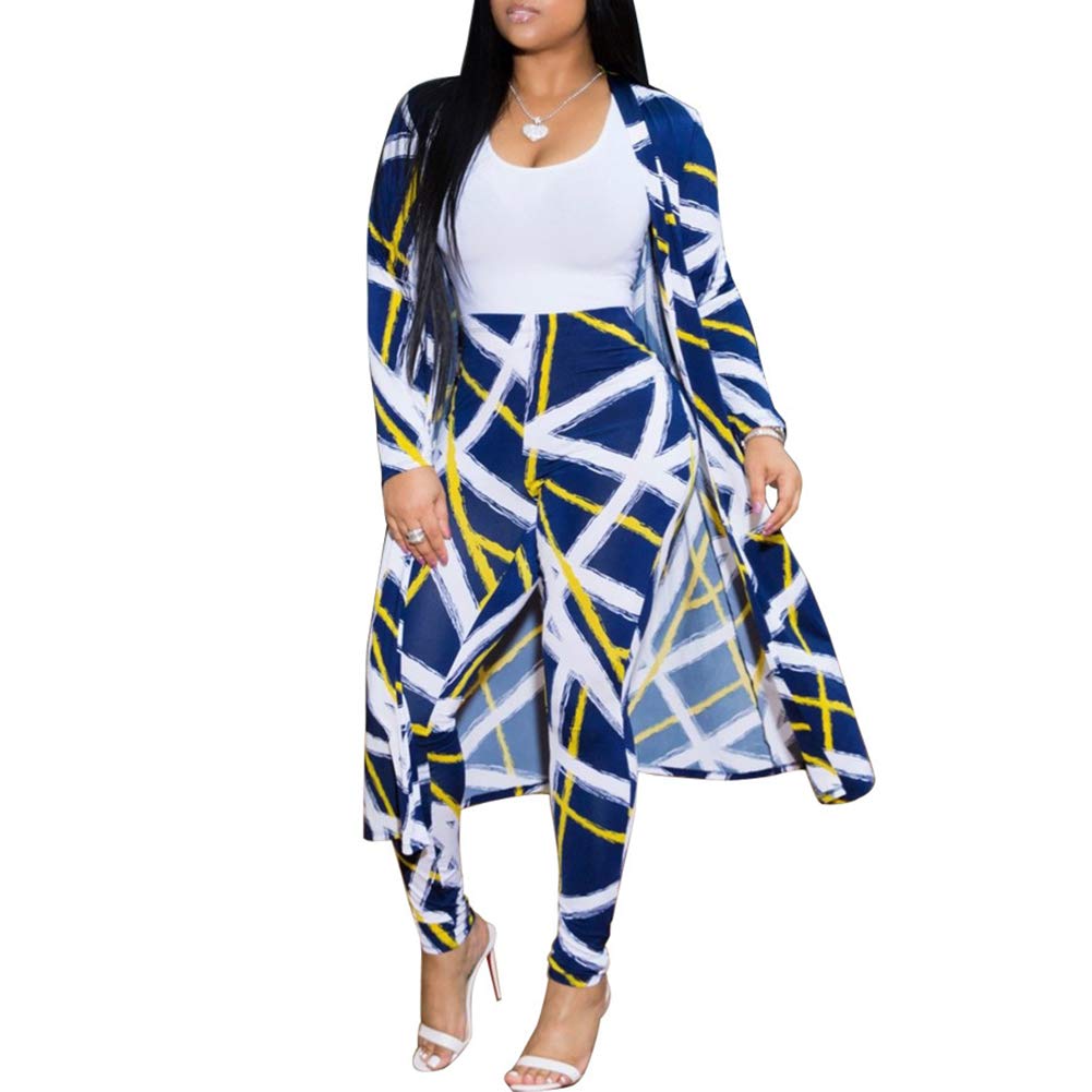 Womens Fashion Printed Long Cardigans 2 Piece Outfits,Long Sleeve Coat and Trousers Set