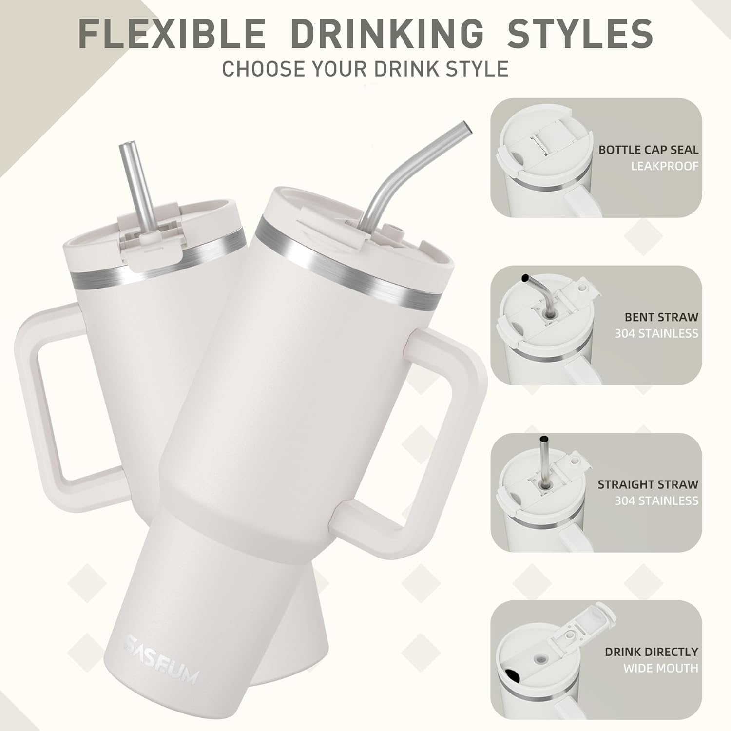 SASEUM 40 oz Tumbler with Handle and Lid, Double Wall Stainless Steel Insulated Water Bottle with 2 Reusable Metal Straws, Leak-Proof BPA-Free Cup for Coffee, Iced Drinks and Travel – White - Image 5