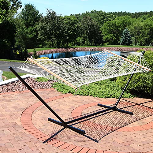 Sunnydaze-Cotton-Rope-Hammock-with-Unfinished-Wood-Spreader-Bars-12-Foot-Stand-350-Pound-Weight-Capacity 61eKd69ekWS