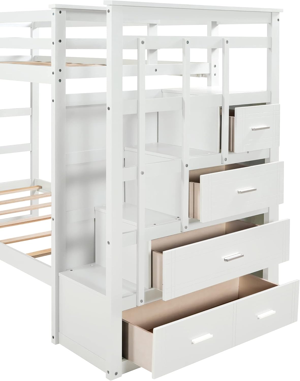 Bellemave Twin Over Twin Bunk Bed with Twin Size Trundle, Solid Wood Bunk Beds with 4 Storage Drawers, Staircase and Safety Guard Rail, No Box Spring Needed (White)