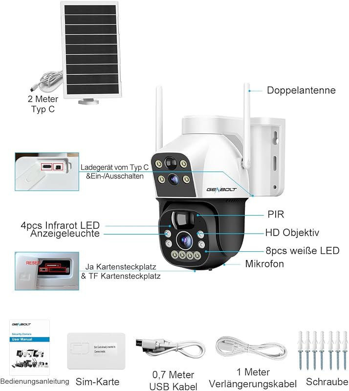 GENBOLT 3G/4G LTE Napelemes Biztonsági Kamera Kültéri Vezeték Nélküli 2.5K SIM Kártyás 8W 15600 mAh Akkumulátoros Reflektor Dual Objektív