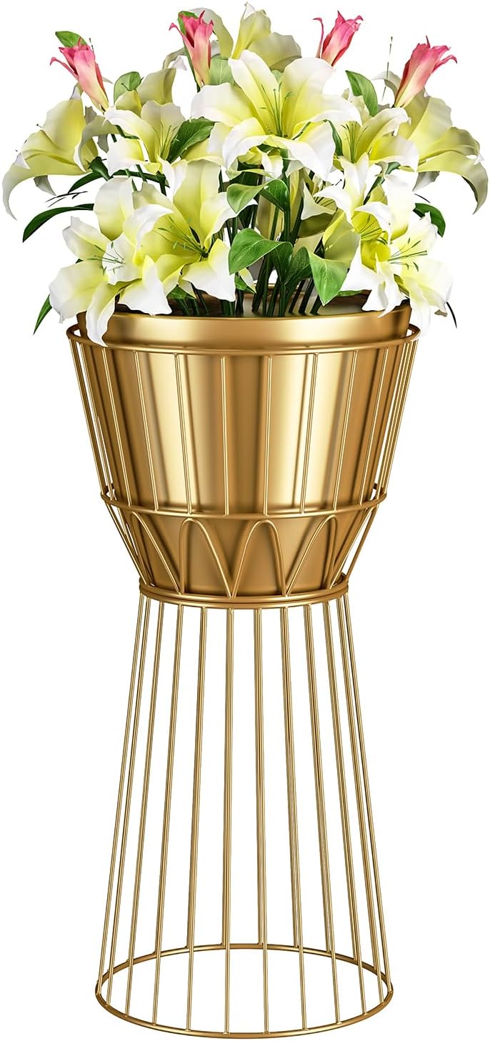 Metal Planter Stand with Pot 12" - Decorative Gold Plant Stand Holder Flower Potted Rack for Corner Display, Living Room, Office, Indoor, Modern Home Decor - 17.5" Tall