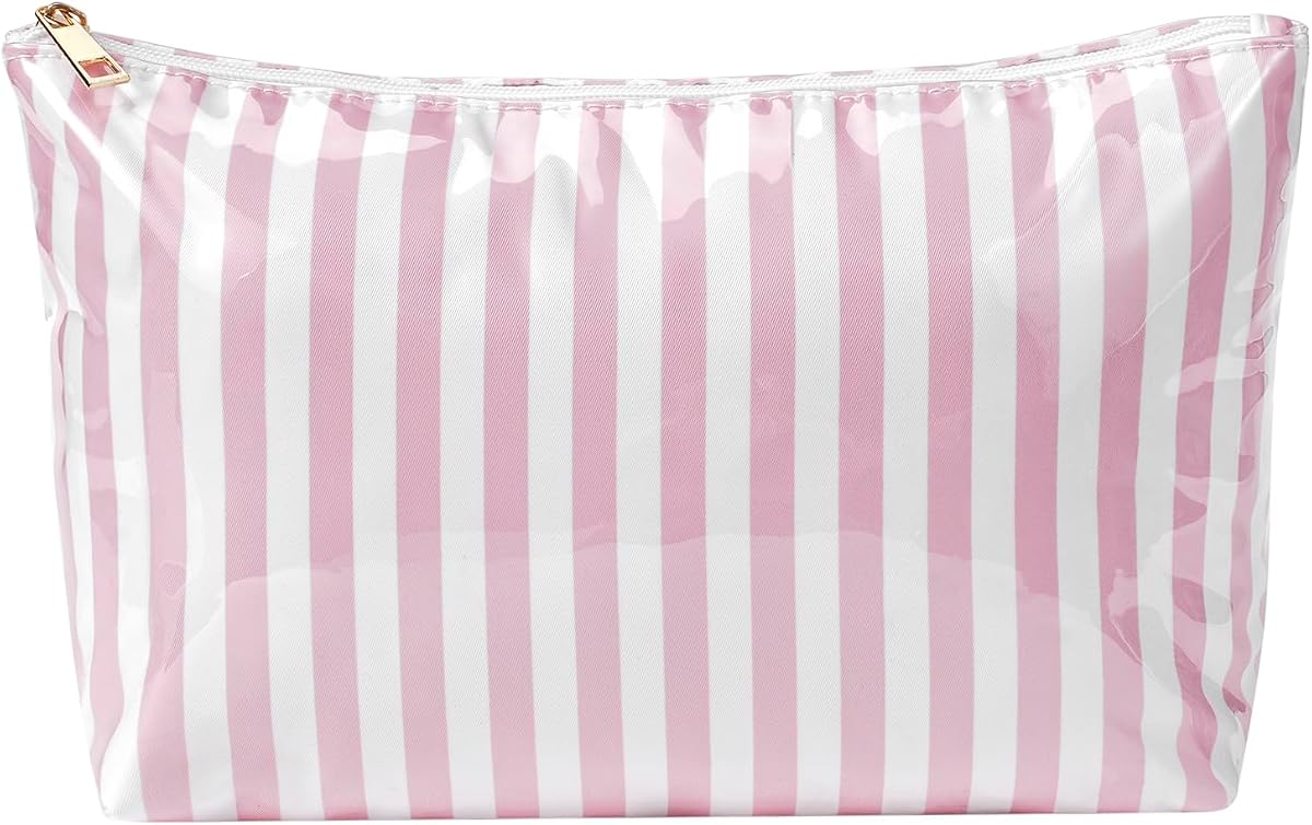 Bolsa de maquillaje a rayas impermeable de PVC grande (04 rayas rosas) | Bolsas de cosméticos con revestimiento transparente, fáciles de limpiar, organizador de viaje, bolsa con cremallera, artículos esenciales para vacaciones en la playa para mujeres y niñas