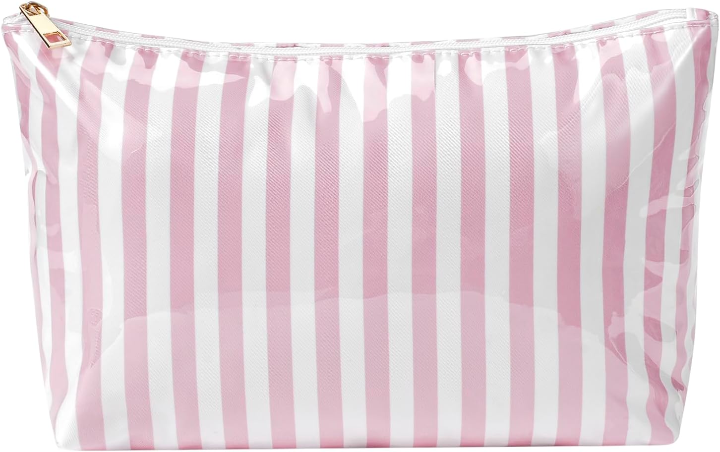Large PVC Waterproof Striped Makeup Bag,Clear Coated Cosmetic Bags,Easy to Clean,Travel Organizer Zipper Pouch Beach Vacation Essentials for Women Girls(04Pink Stripe)
