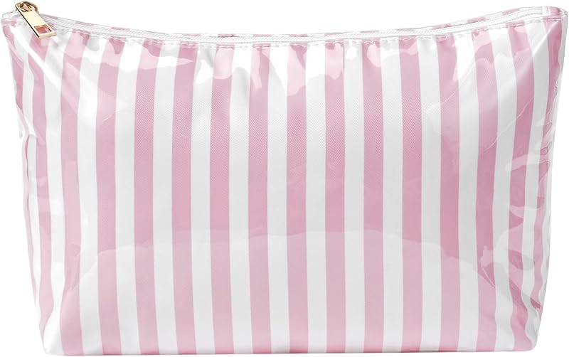 Necessaire de viagem em PVC com zíper, estampa listrada rosa 08Striated Pink, uekeboag