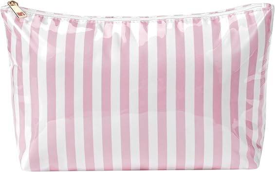 RSRSLEII Large Waterproof Travel Stripe Makeup Bag,Aesthetic PVC Toiletry Bag,Coquette Cosmetic Bag Organizer,Cute Preppy Carry-on Travel Accessories Essentials for Women GirlsStriated pink