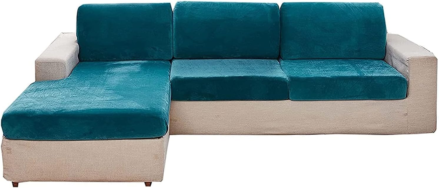 Velvet 2 3 Cushion Cover, Sofa Slipcovers for L Shaped Sofa Chaise Lounge, Stretch Cushion Slipcovers Plush Furniture Protector for Loveseat Sectional (Blue,3Seater(3pcs))