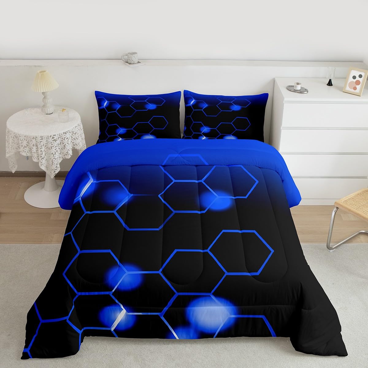 Juego de edredón de panal tamaño matrimonial azul y negro ropa de cama microfibra geométrica