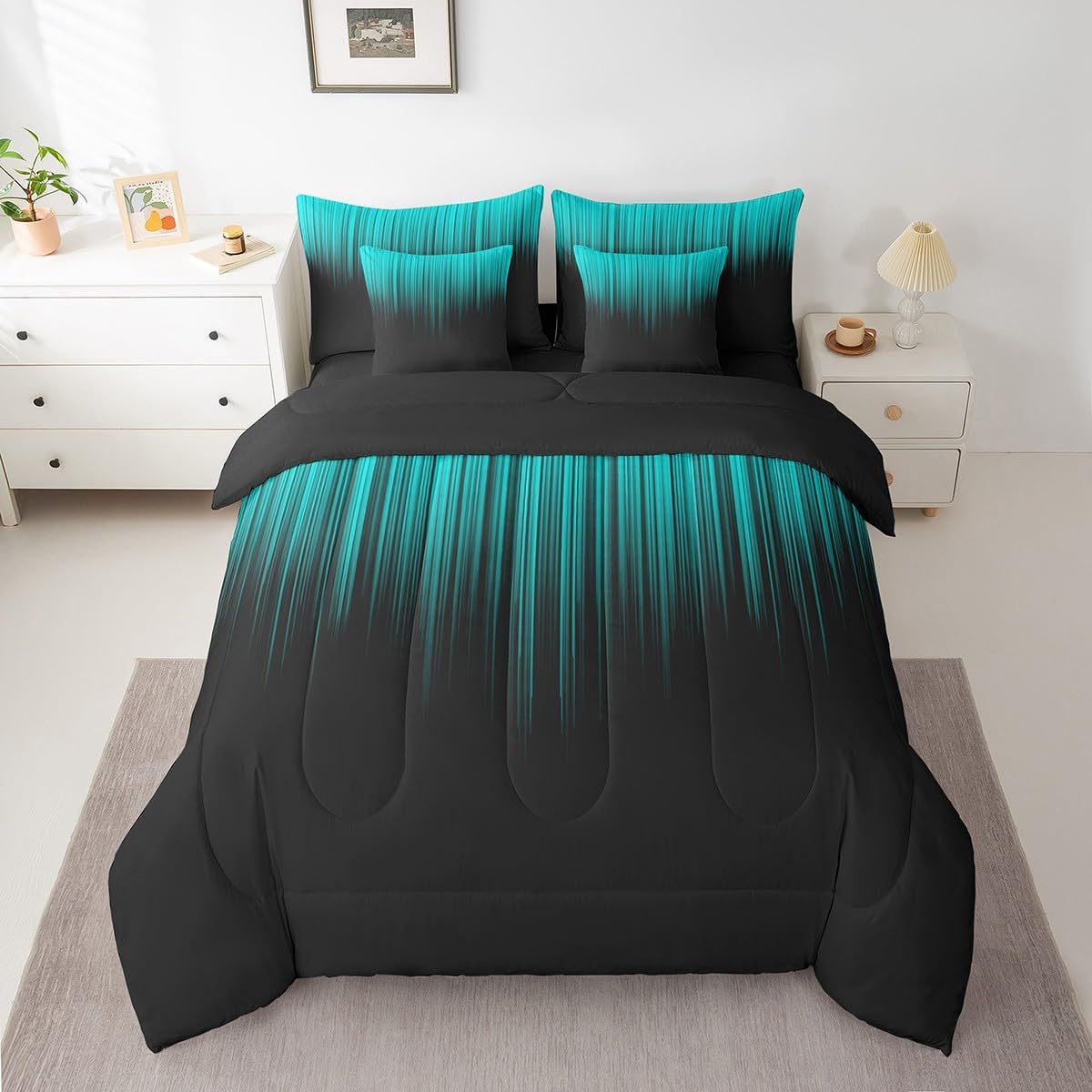 Feelyou Abstract Ombre Comforter Set with Sheets Kids Teens Teal and Black Girls 7 Piece Bedding Set Room Decor Fashion Modern Women Bed in a Bag Bedroom Collection Queen Size
