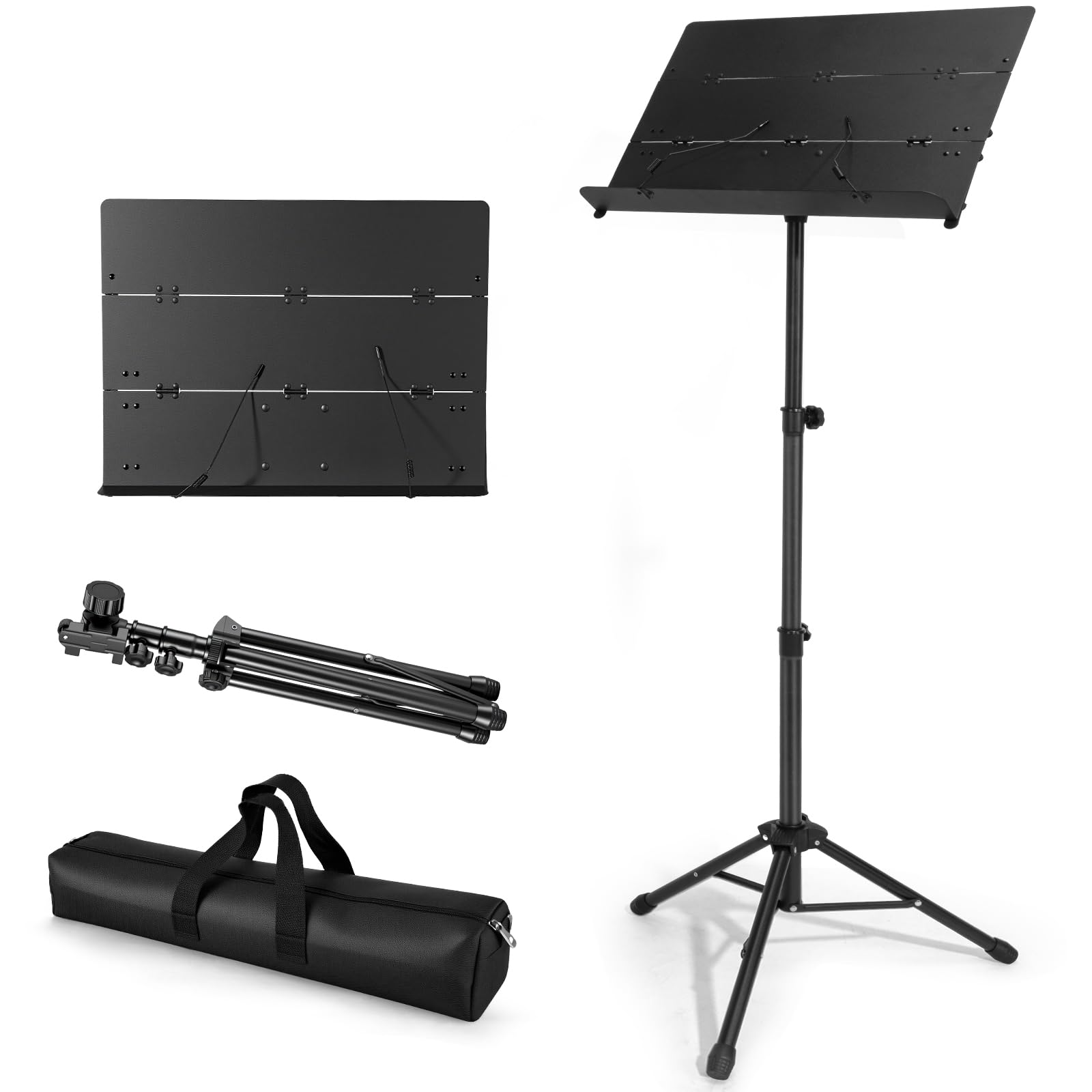Tragbarer, klappbarer Notenständer, höhenverstellbar (81,3 cm bis 142,2 cm), um 180° neigbar, mit Tragetasche, für Band, Reisen und Zuhause (81,3–142,2 cm)