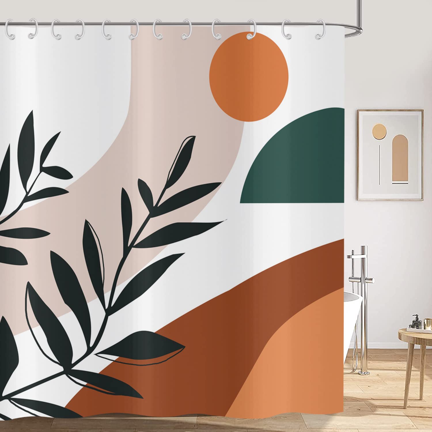Hnmdmyi Boho Shower Curtain 120x200, Mid Century Abstract Eucalyptus Leaves Sun Terracotta Bathroom Curtains Modern Aesthetic Minimalist Art Waterproof Polyester Fabric Washable Bath Curtains
