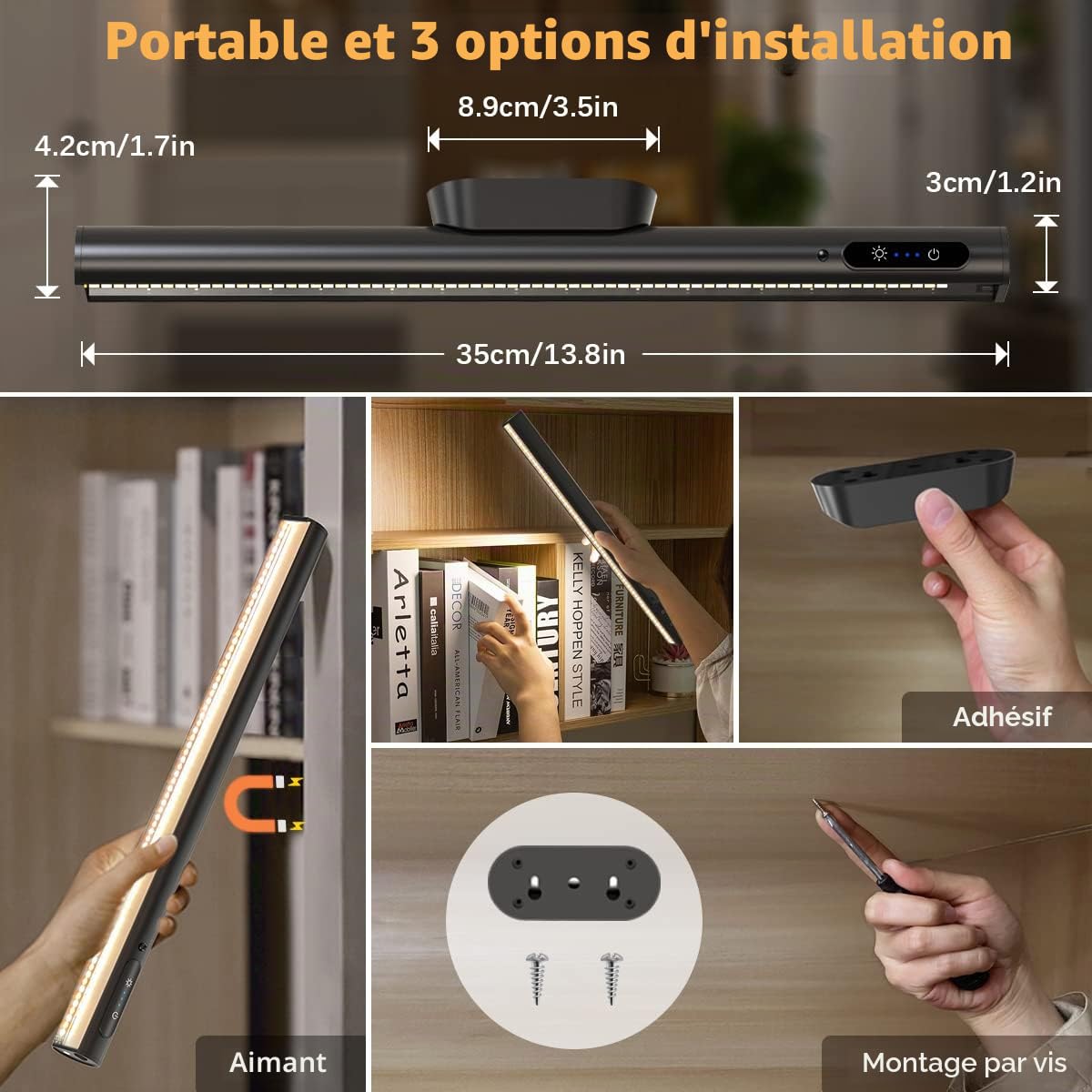 Hapfish Lampe de Bureau LED Sans Fil, 4000mAh Lumiere Rechargeable USB, Reglette LED Cuisine Magnétique avec Télécommande, Éclairage Murale pour Placard, Tableau, Miroir, Armoire, Bibliothèque