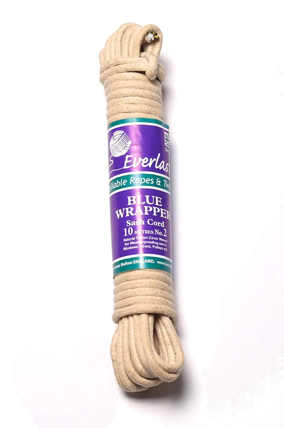Everlasto 'Blue Wrapper' UK Made Quality Waxed Cotton Sash Cord No.5 (8.5mm) x 100m, Natural, 8.5mm x 100M
