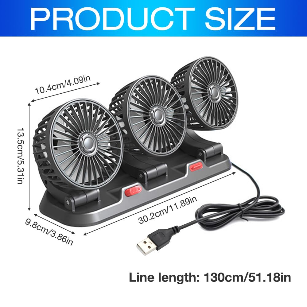 Ventilateur de Voiture USB 5V, Ventilateur De Voiture à Trois Têtes, Ventilateur Réglable en Rotation à 360° avec à 2 Vitesses, Ventilateur De Voiture Silencieux pour Camions Fourgons SUV, RV