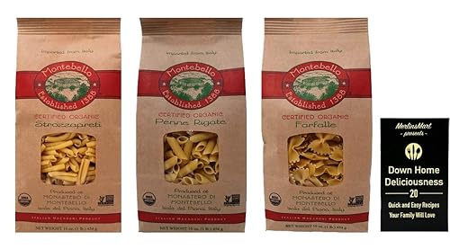 Miniatura 1 de Pasta italiana orgánica Montebello  Variedad de fideos de 3 formas (1) cada uno Strozzapreti, Penne Rigate, Farfalle (16 onzas) Plus Paquete de