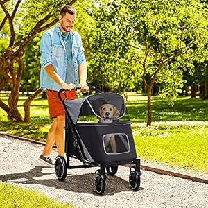 PawHut One-Click Foldable Dog Stroller for Medium Large Dogs, Pet Stroller with Storage, Smooth Ride with Shock Absorption, Mesh Window, Safety Leash, Big Dog Walking Stroller, Gray PawHut One-Click Foldable Dog Stroller for Medium Large Dogs, Pet Stroller with Storage, Smooth Ride with Shock Absorption, Mesh Window, Safety Leash, Big Dog Walking Stroller, Gray