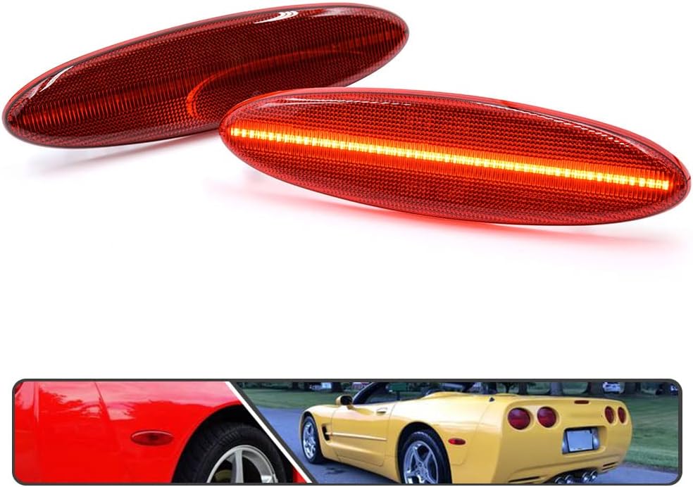 2Pcs Full Led Red Lens Rear Bumper Side Marker Lights for Chevy Corvette C5 1997-2004, Powered by 50-SMD LED, Replace OEM Back Sidemarker Lamps,OEM# 16523536 16524722
