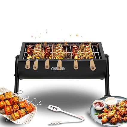 Chefman 15-Inch Half Barrel Barbeque Grill with 6 Skewers, 1 Tong & 1 Grills | Black | Portable Tandoori Grill for Home, Outdoor, Charcoal BBQ Grill, Suitable for 4-5 Members