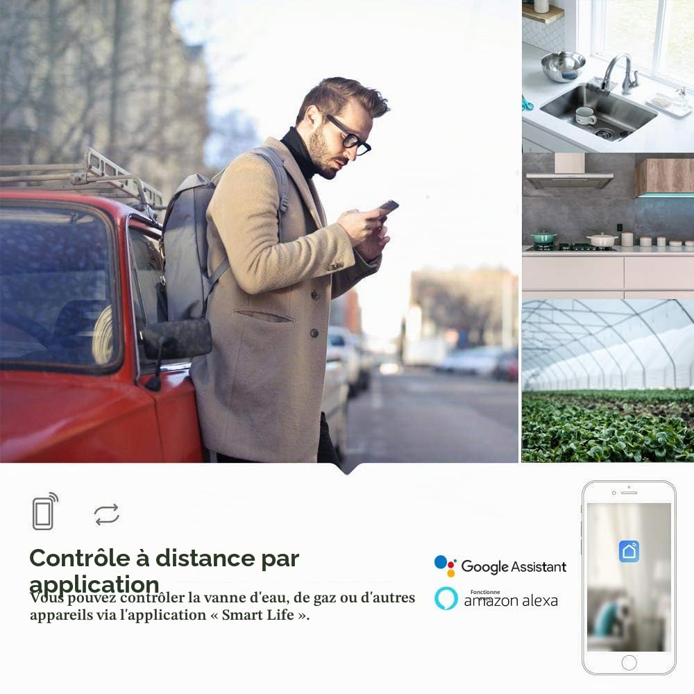Valve intelligente d'eau/gaz, contrôle vocal/WiFi, valve intelligente sans fil compatible avec Alexa et Google pour cuisine/jardin/ferme (EU)