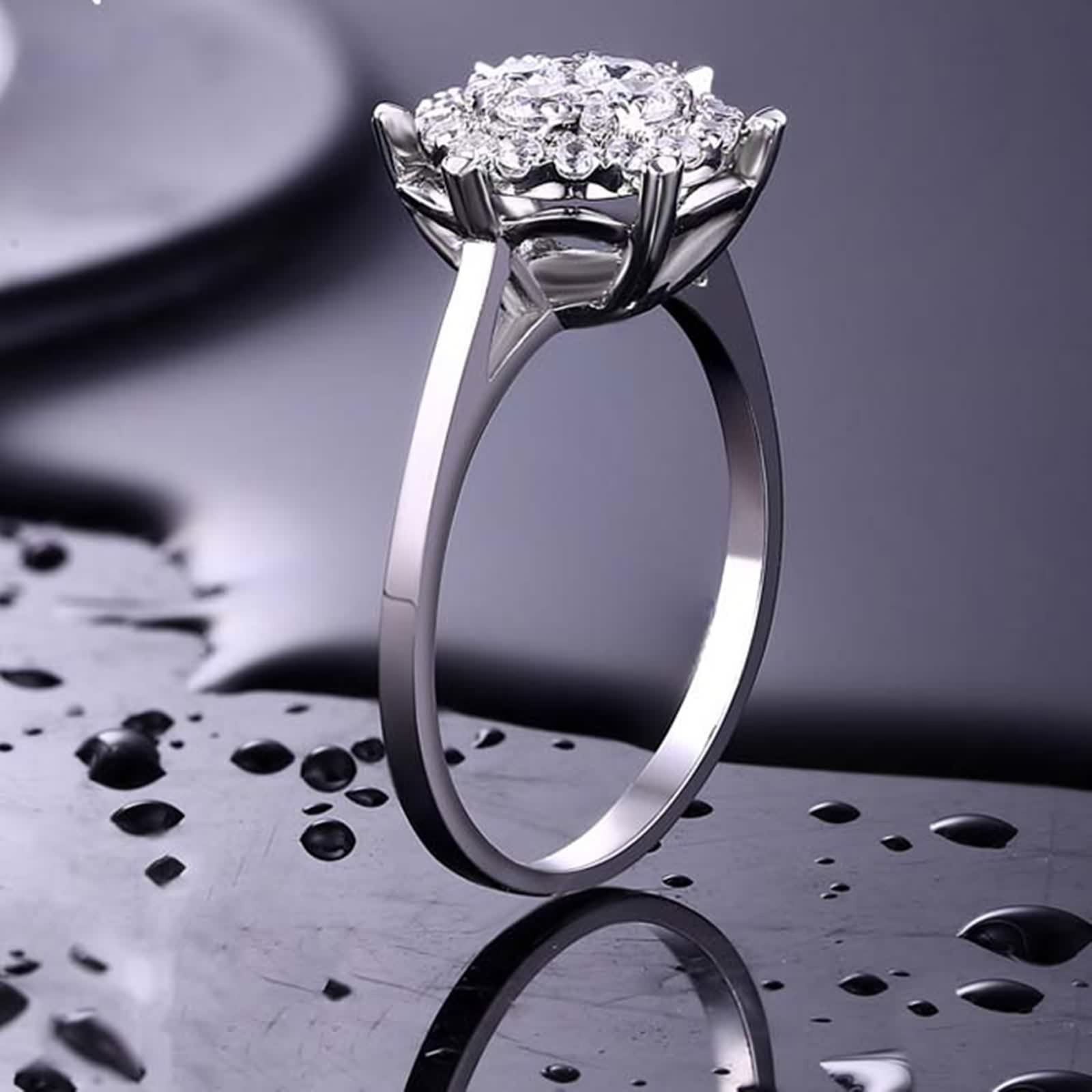 Anello Oro 18Kt Donna, Fedi Nuziali Moderne Bianco Diamante Creato In Laboratorio Fiore Argento Regalo Di Compleanno
