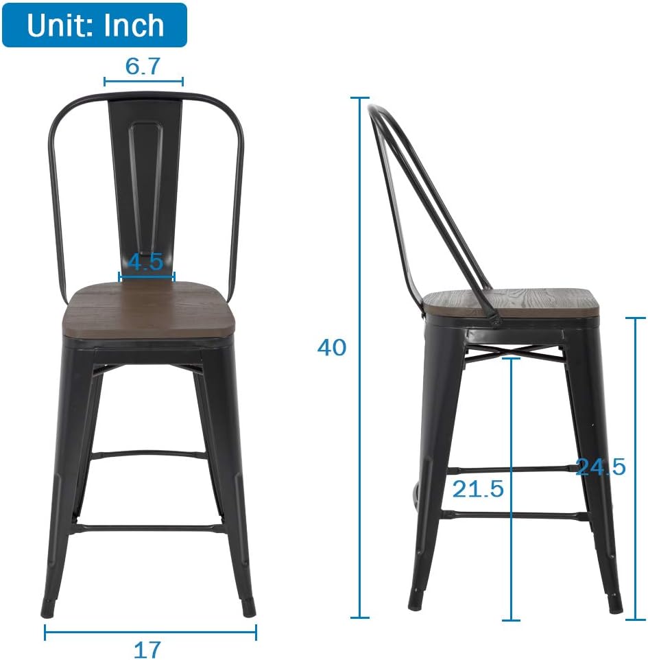 FDW Metal Bar Stool Set of 4 Counter Height Barstool with Back 24 Inches Seat Height Industrial Bar Chairs Patio Stool Stackable Modern Kitchen Stool Indoor Outdoor
