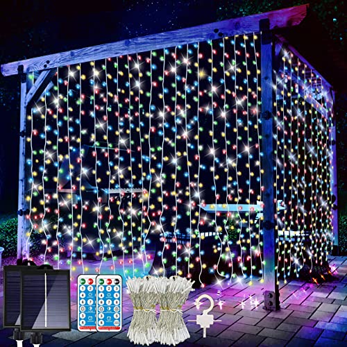 LiyuanQ 2 Pack Solar Curtain Lights, Total 600 LED Multicolor Waterfall Fairy String Lights, Remote...