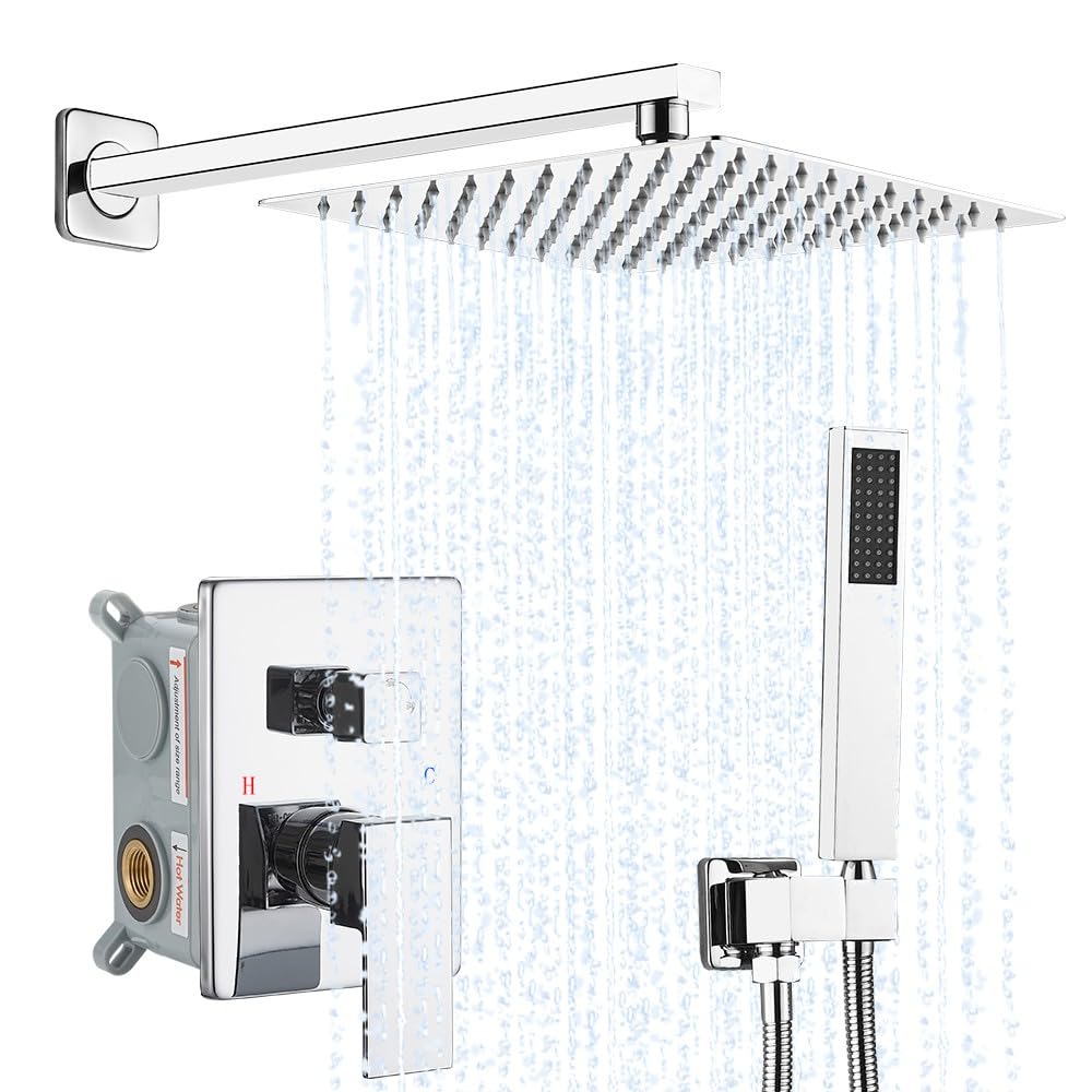 Chrome Shower System YCAIKOI Wall Mount Shower Faucet Set for Bathroom 10 Inch High Pressure Luxury Shower Head with Handheld, Rough-in Valve Body and Trim Included