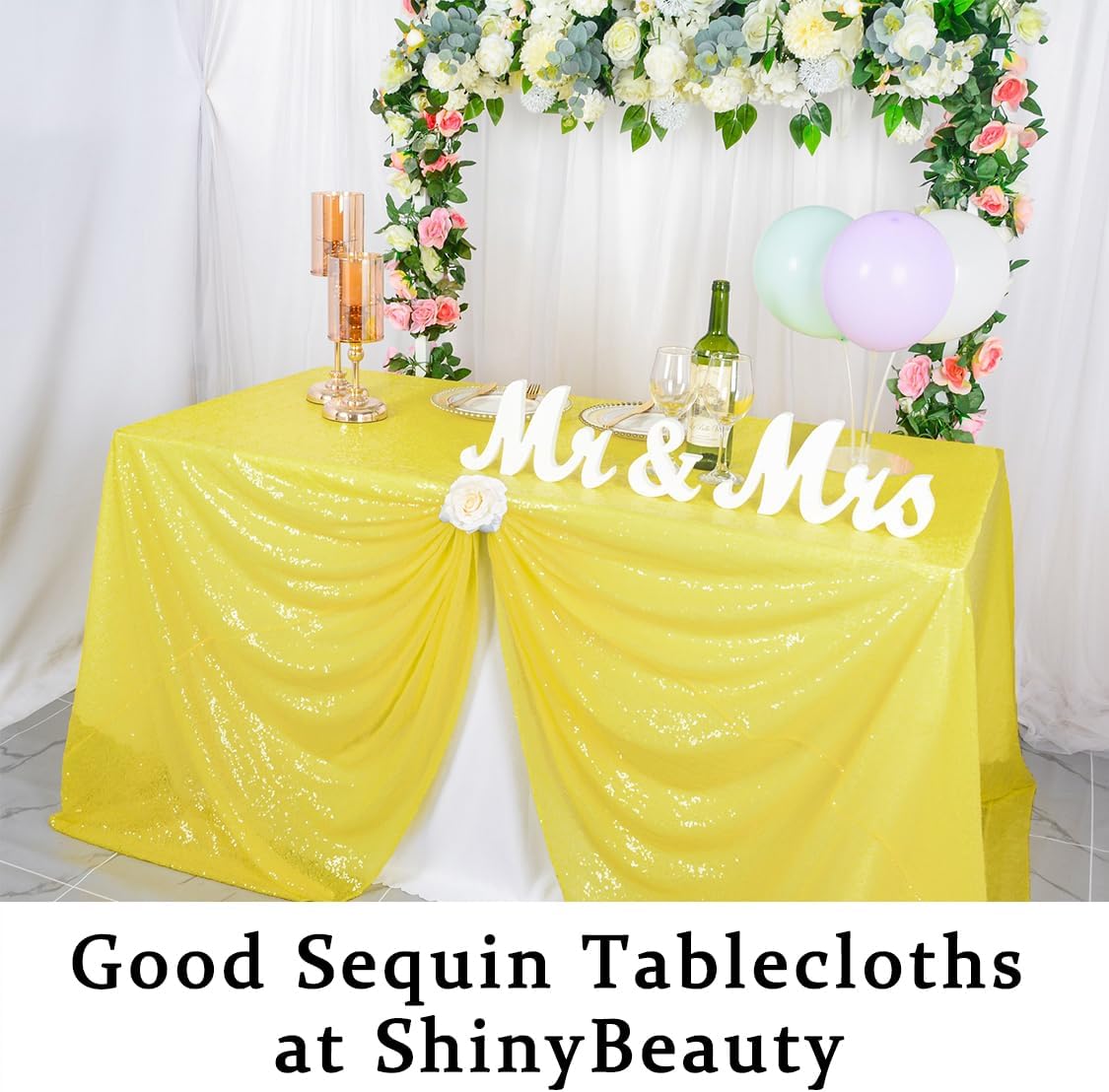 ShinyBeauty Yellow Sequin Tablecloth, 60x102 Inch Rectangular Shimmering Cover for Wedding, Birthday Party, Banquet - Elegant Polyester Decor