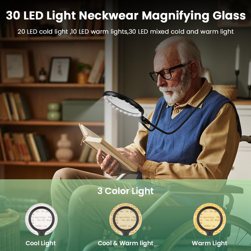 AOOTE 5X Hands Free Magnifying Glass with Light, 30 LED Rechargeable Hands Free Magnifying Glass, Large Page Magnifier Adjustment Brightness, Flexible Gooseneck Magnifier for Seniors Books Sewing - Image 4
