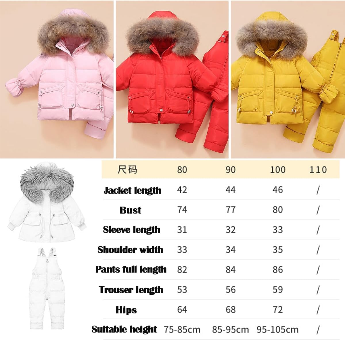 Invierno bebé Engrosada Abajo Chaqueta niños Traje de Nieve con Cuello de Piel con Capucha niñas de Dos Piezas Traje de esquí + Pantalones de esquí Conjunto