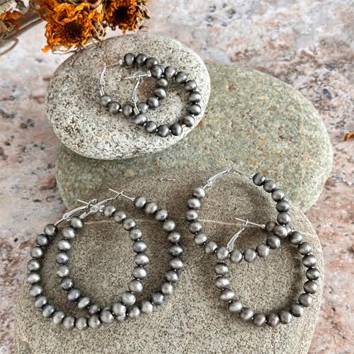 3 Pairs Navajo Hoop Pearl Earrings,Western Jewelry for Women,Cowgirl Vintage Beaded Pearl Earrings,Western Hoop Earrings for Cowgirl,Jewelry Gift for Women 5
