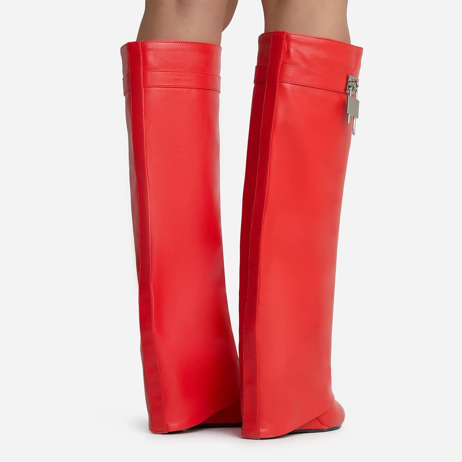 Yishaweiqi Fold Over Boots Wide-calf Wedge Heel Knee High Boot With Decorative Silver Lock Red Size 9.5 - Image 5
