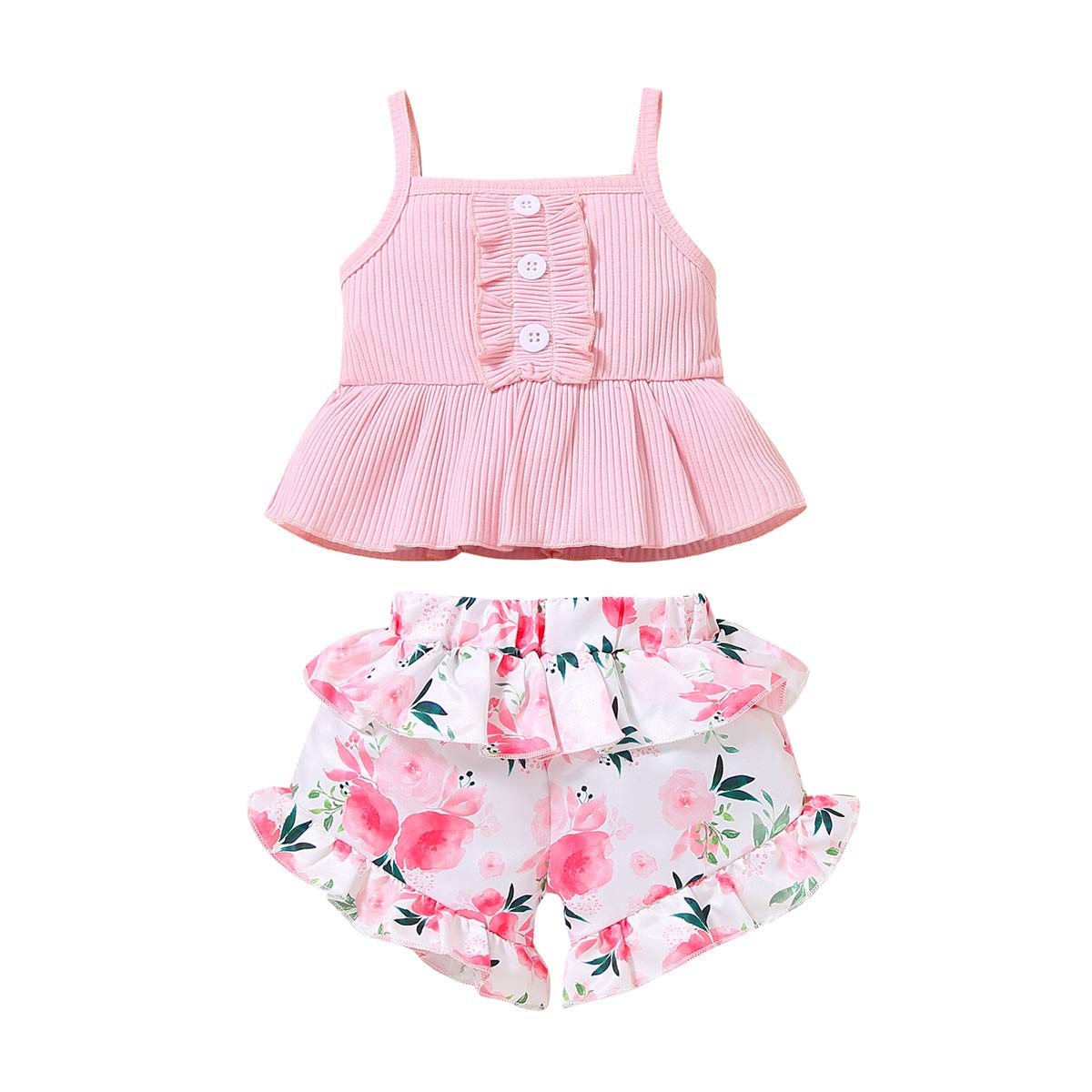 FYBITBO Toddler Baby Infant Girls Summer Outfit Halter Crop Tank Top+Floral Shorts Cute 2Pcs Clothes Set (C-Pink, 12-18 Months)