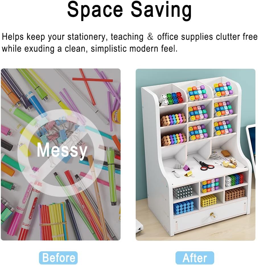Updated Wooden Pen Organizer with Drawer, DIY Pencil Holder Desk Tidy Caddy Office Stationery Desktop Art Supply Organizer for Home Office Supplies(JB16-2 White) : Office Products