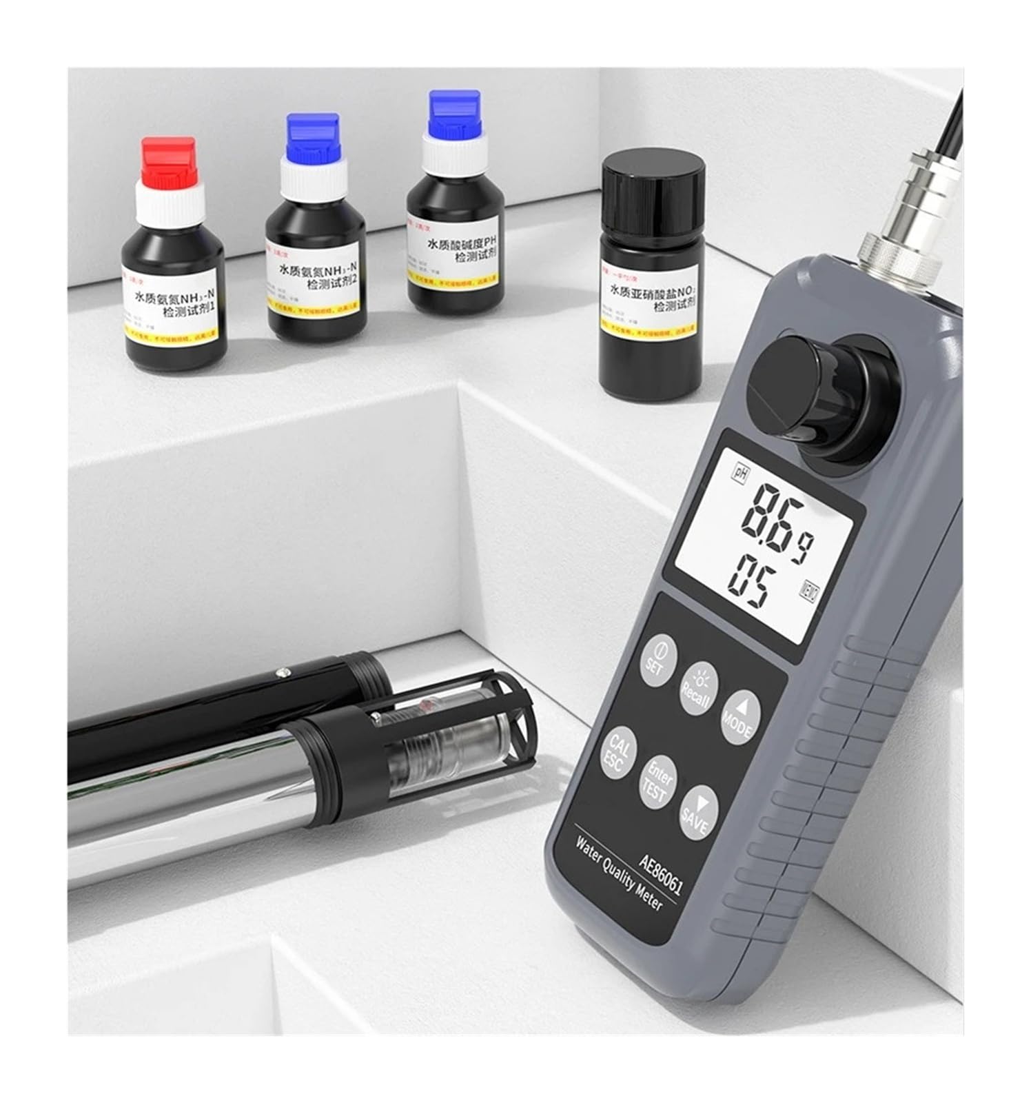 AE86061 Tester multiparametrico per la qualità dell'acqua per acquari con display retroilluminato | Misuratore di pH/ossigeno disciolto/temperatura/ammoniaca/nitriti e ossigeno disciolto con display
