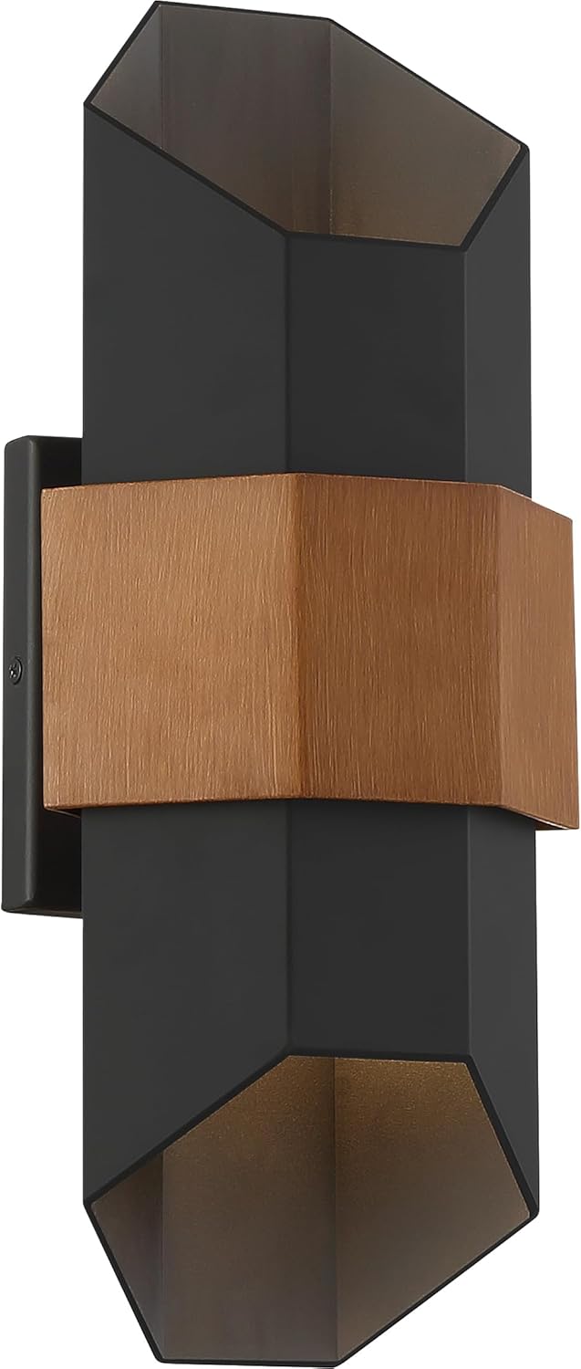 Quoizel Chasm Modern Outdoor Wall Lantern, 15 Inch Geometric Coastal Armour Matte Black Wall Sconce, Painted Wood Band Accent, 12W Integrated LED, Outside Lights for Patio, Porch, Front Door or Yard