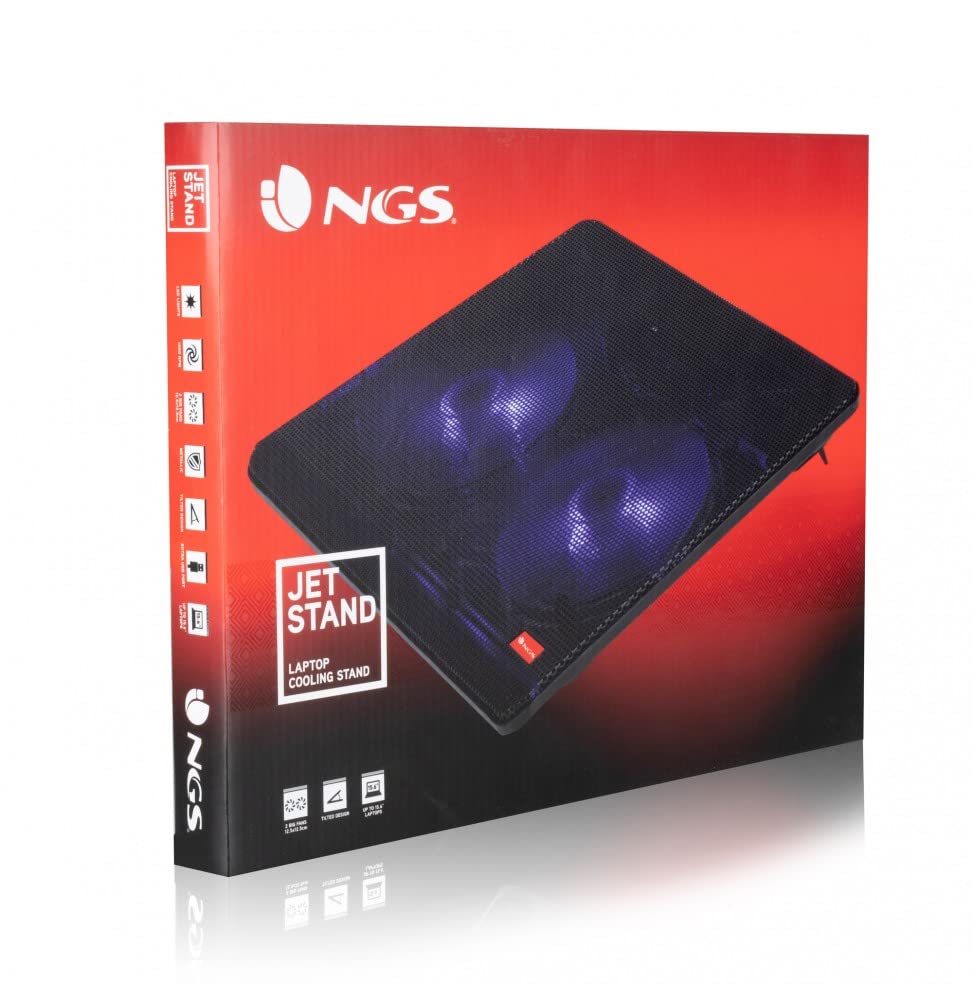 NGS JetStand - Support de Refroidissement pour Ordinateurs Portables jusqu'à 15,6" Hauteur Réglable, Ventilateurs Silencieux, Port USB, Lumière LED, Treillis Métallique