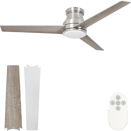 hykolity 52 inch Flush Mount Ceiling Fan with LED Lights(3000K/4000K/5000K) Remote Control, Noiseless Reversible Motor, Low Profile Ceiling Fan, 3 Speed, ETL, DOE, CEC Listed, Brushed Nickel