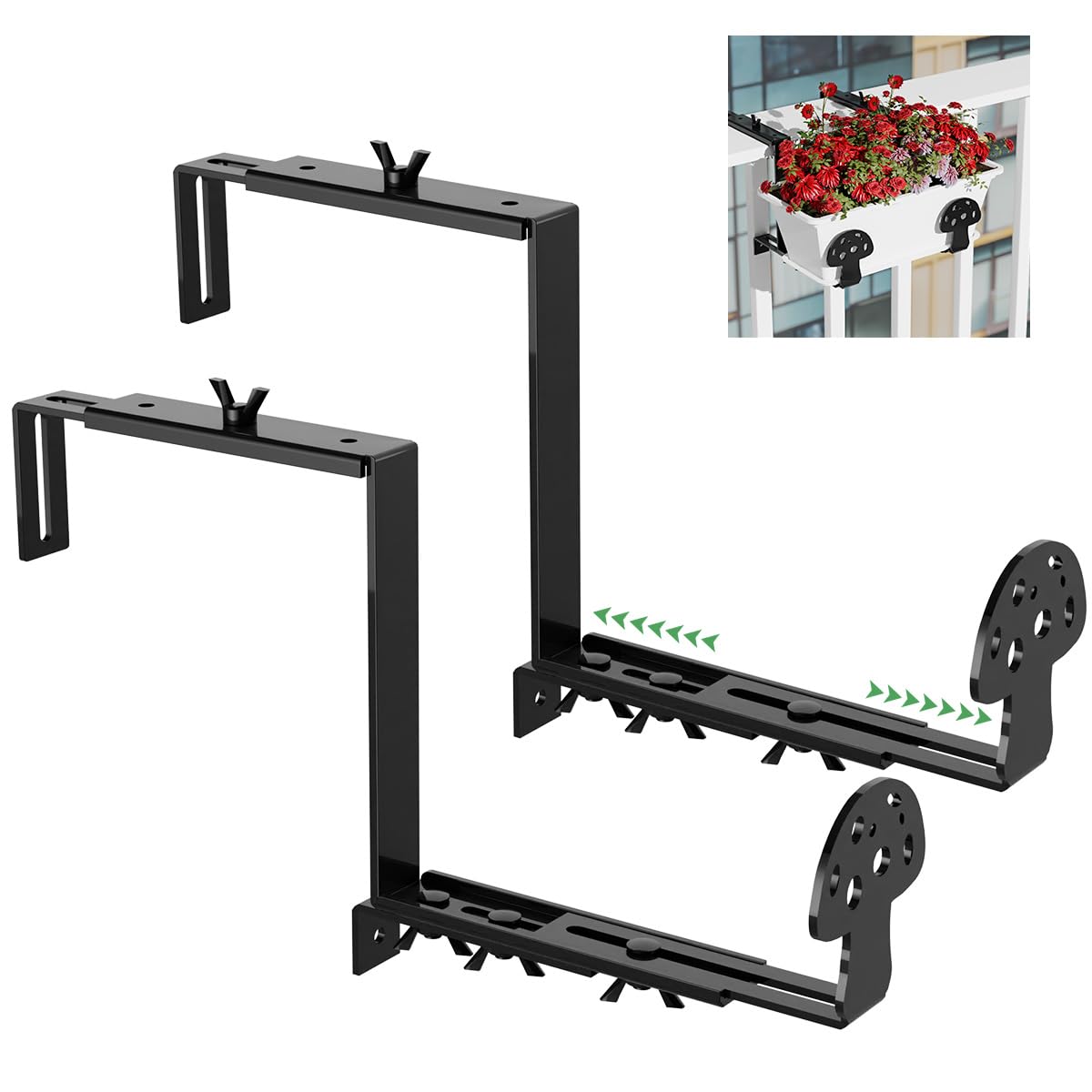 Adjustable Planter Box Brackets for Window Boxes Planters Universal Outdoor Hanging Brackets, Black Steel Mounting Durable, Suitable for Fence Pergola Patio Garden Balcony