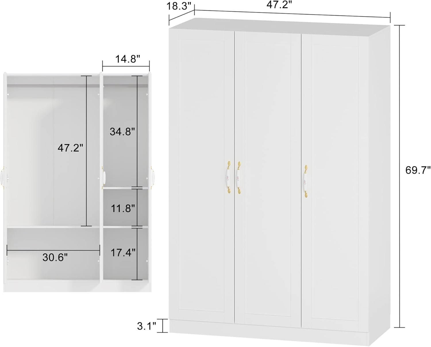 Detailed dimensions diagram of the Homsee White Wardrobe Armoire, showing external and internal measurements.