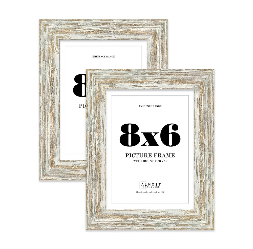 8x6" Distressed White Oak Picture Frame with 7x5" Mount - Industrial Photo Frame with Distressed Finish, Wall Hooks and Kickstand, 32mm Edge - 2 Pack